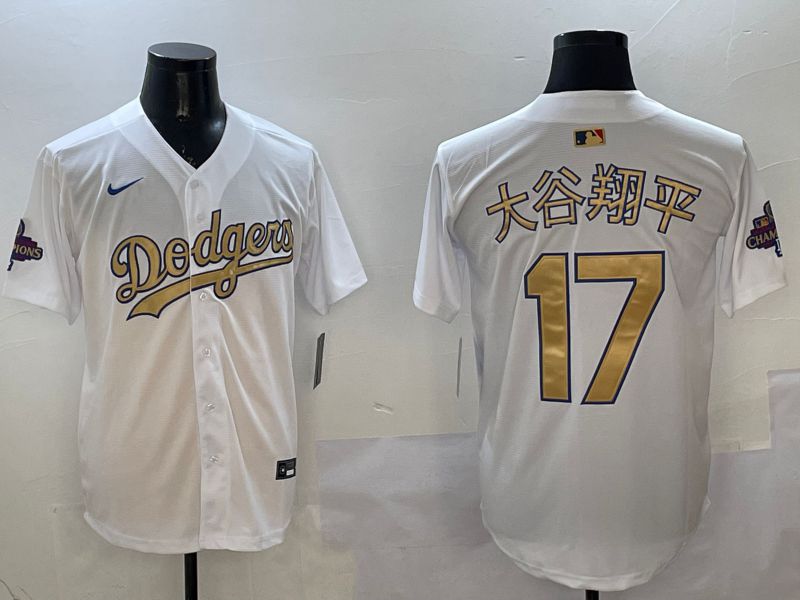 Men Los Angeles Dodgers #17 Ohtani White Champion gold character 2025 Nike MLB Jersey style 11